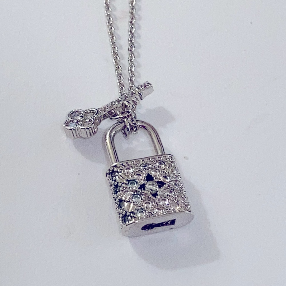 Reversible padlock and kind diamond CZ silver necklace